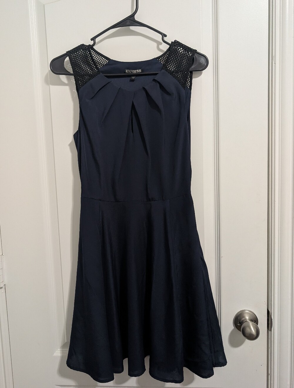 Express Navy Sleeveless Fit & Flare Dress with Mesh Shoulders